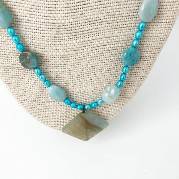 NWT Genuine Pearl, Rainbow Dragon Agate, Larimar & Crazy Lace Agate Necklace - Picture 2 of 5